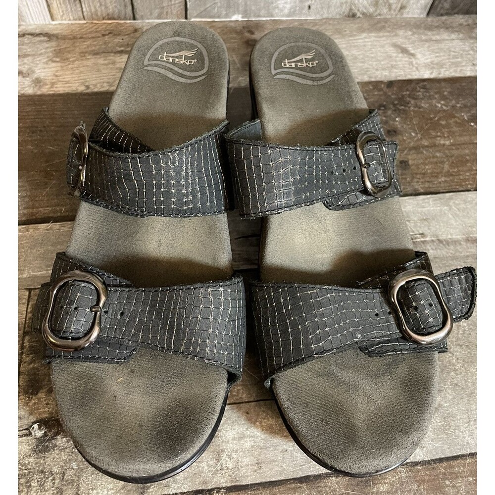 Dansko Leather Gray Silver Patterned Two Strap Wedge Sandals 9841470200 Size 39